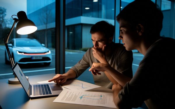 Deux ingénieurs analysent un modèle d’IA en réunion nocturne