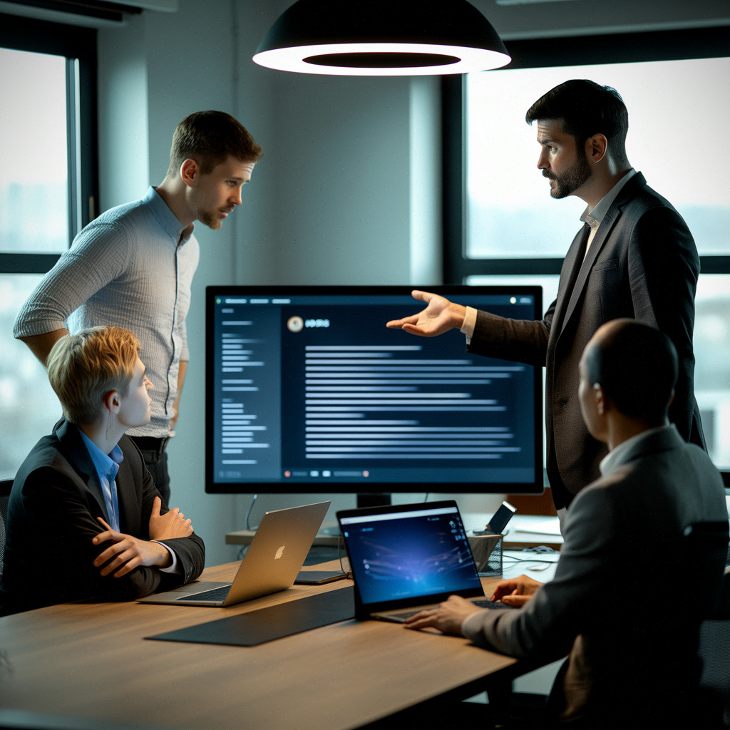 Une équipe examine une présentation générée par IA au bureau